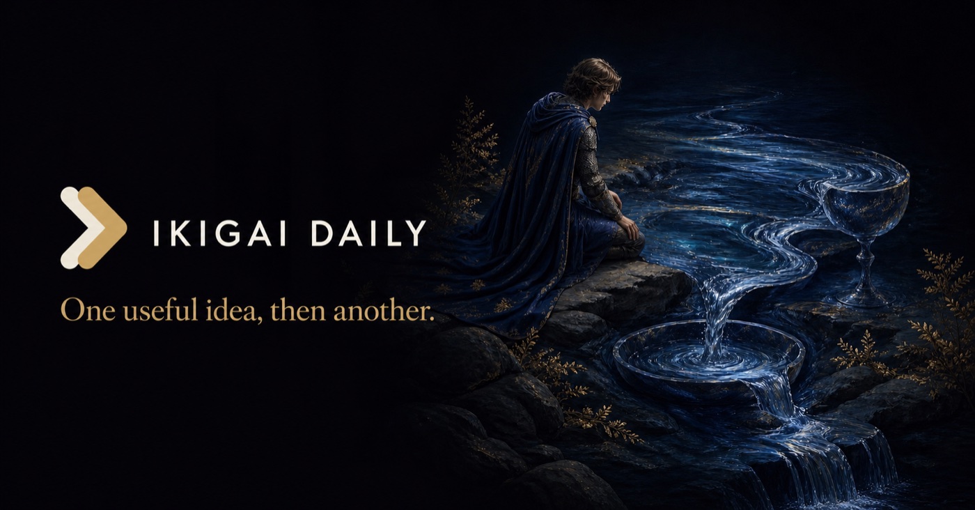 Ikigai Daily artwork and wordmark: One useful idea, then another.